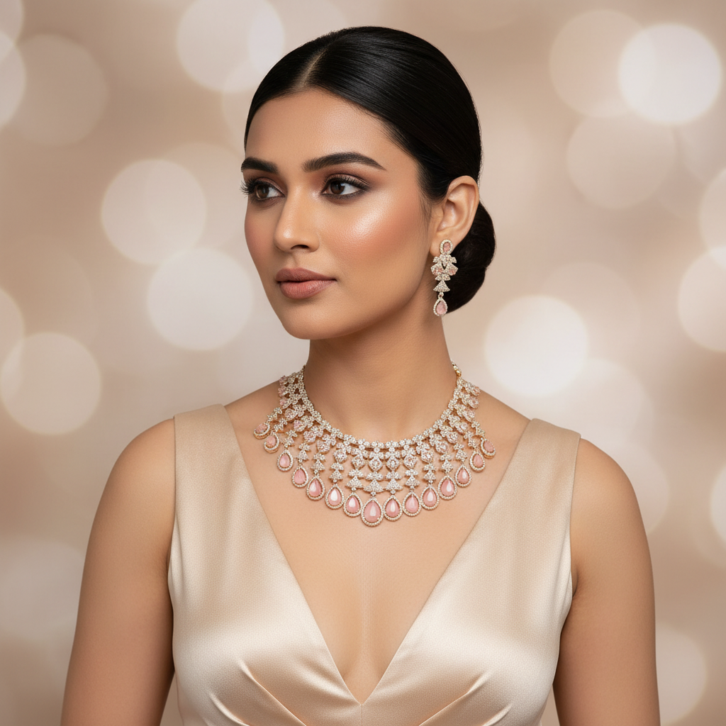 Luxury Pink Stone & Diamond-Look Statement Set - Model Shot