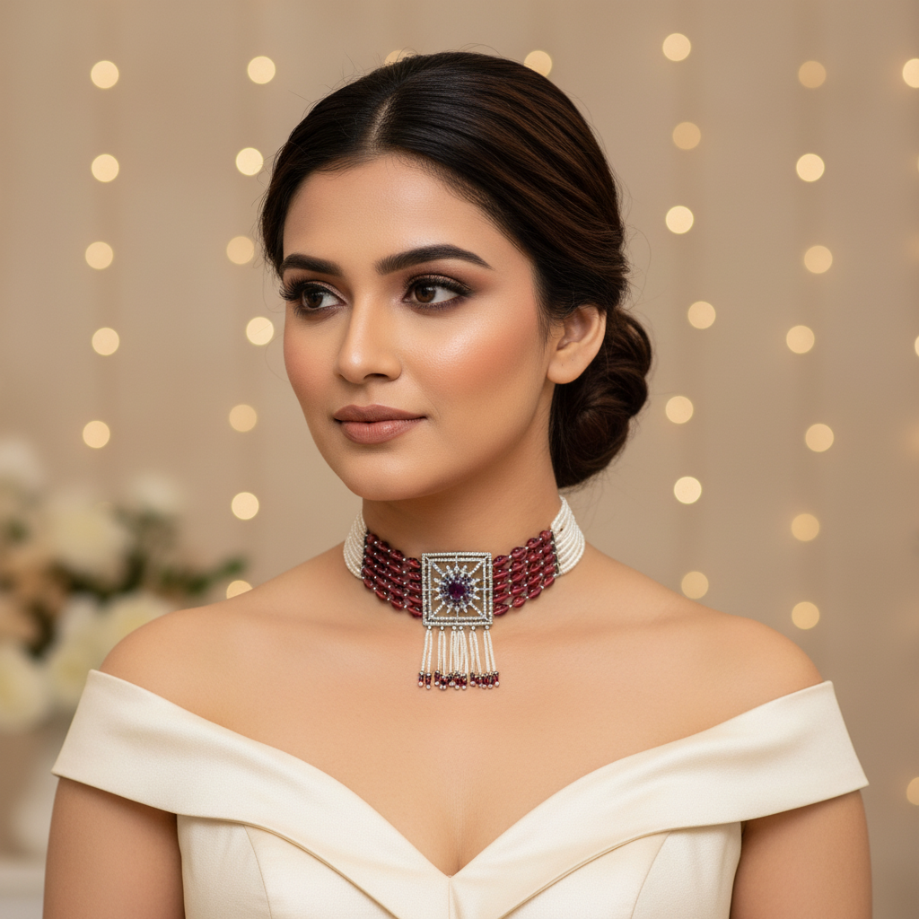 Luxury Amethyst-Tone Beaded Choker Necklace Set - Model Shot
