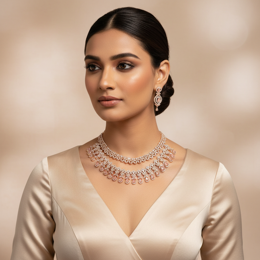 The Pink Teardrop Dual-Layer Diamond Look Choker Set - Model Shot