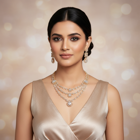 The Cascading Three-Layer American Diamond Necklace Set - Model Shot