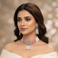Elegant Pink Quartz-Tone Beaded Choker Necklace Set
