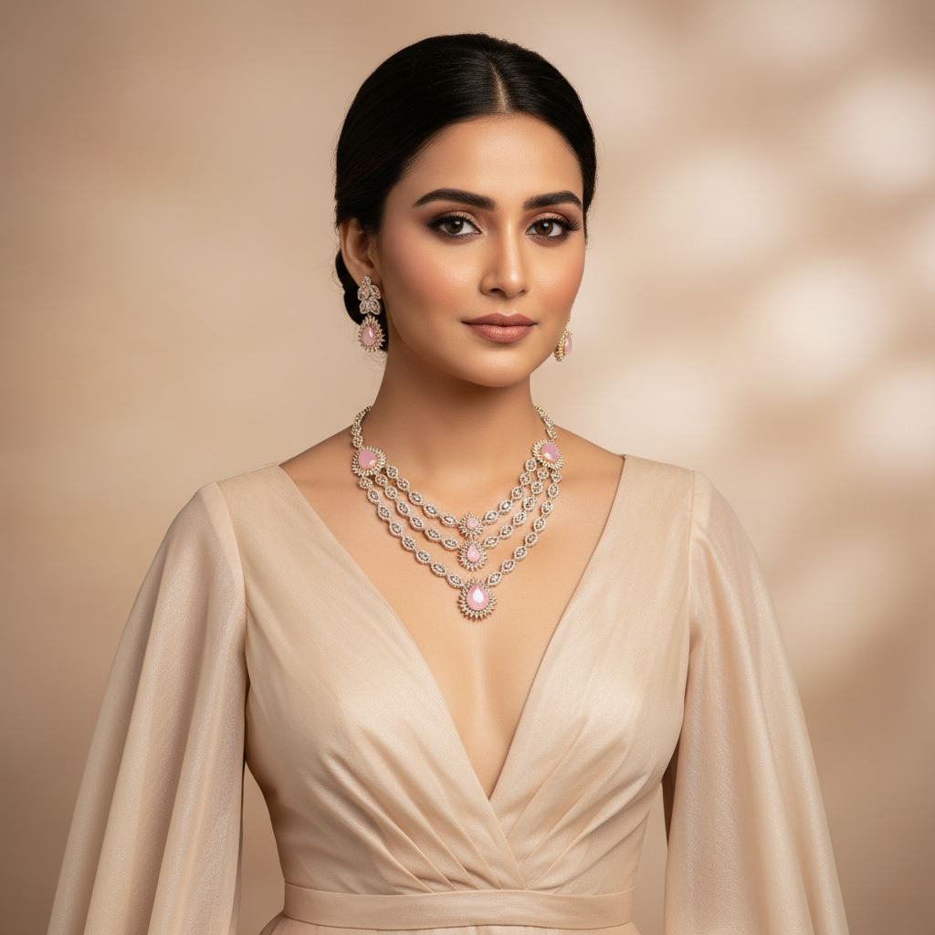 The Pastel Pink Cascading Three-Layer Diamond Necklace Set - Model Shot