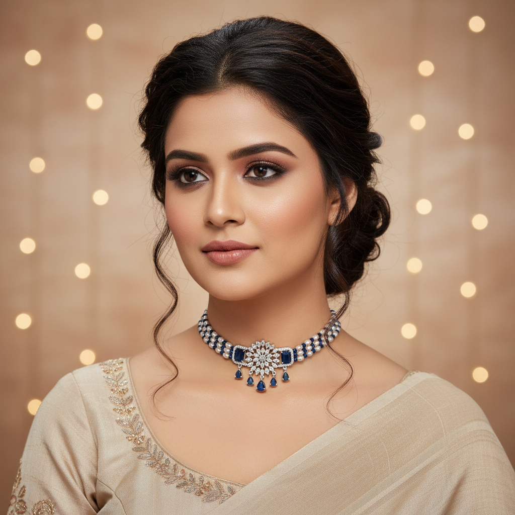 Regal Sapphire Blue Snowflake Choker Set - Model Shot