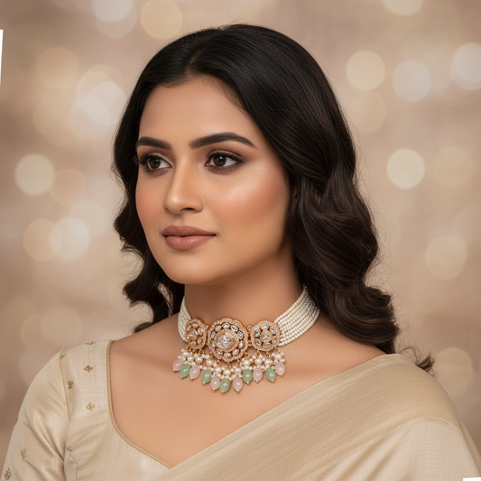 The Pastel Dual-Tone Polki Choker Set - Model Shot
