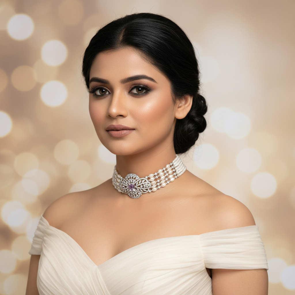 Regal Diamond-Cut CZ & Pearl Choker Necklace - Model Shot