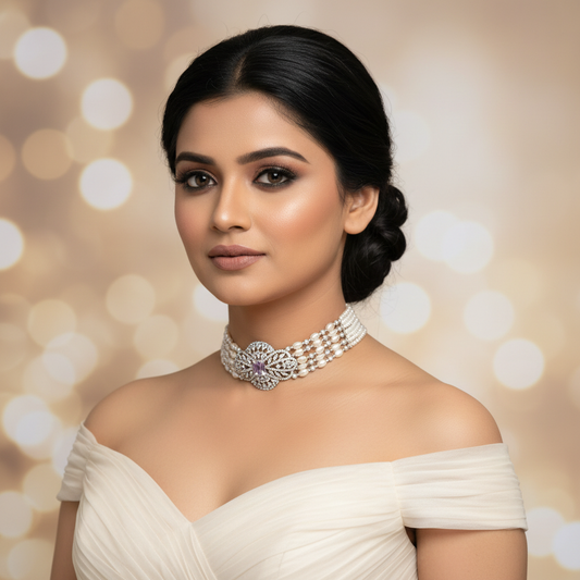Regal Diamond-Cut CZ & Pearl Choker Necklace - Model Shot