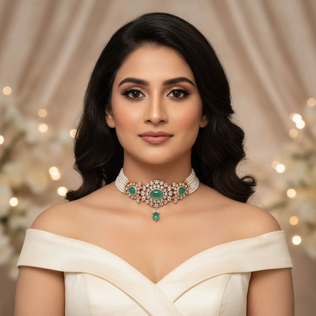 The Emerald Oval Polki Choker Set - Model Shot