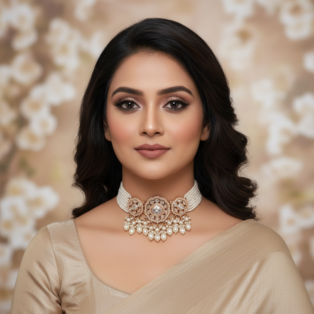 The Timeless Bridal Polki & Pearl Choker Set - Model Shot
