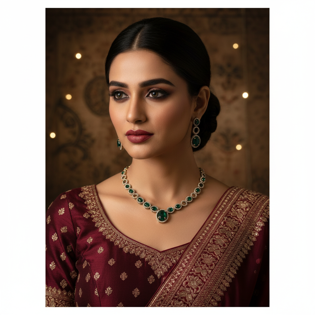 The Emerald Aura Oval Halo Necklace Set - Model Shot