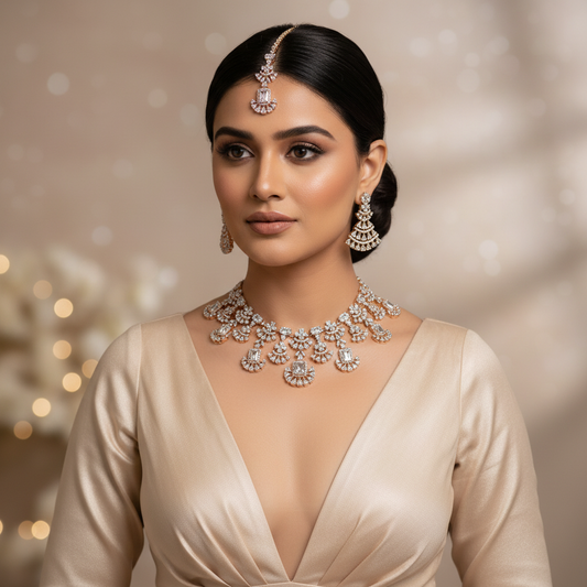 The Emerald Cut Rose Gold Bridal Maang Tikka Set - Model Shot