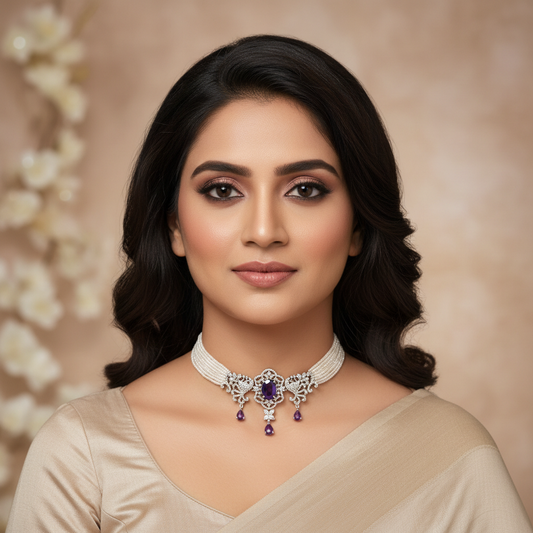Regal Amethyst Purple Peacock Choker Set - Model Shot