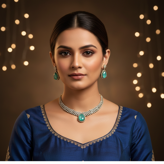 Aqua Pear Stone & Diamond Replica Choker - Model Shot