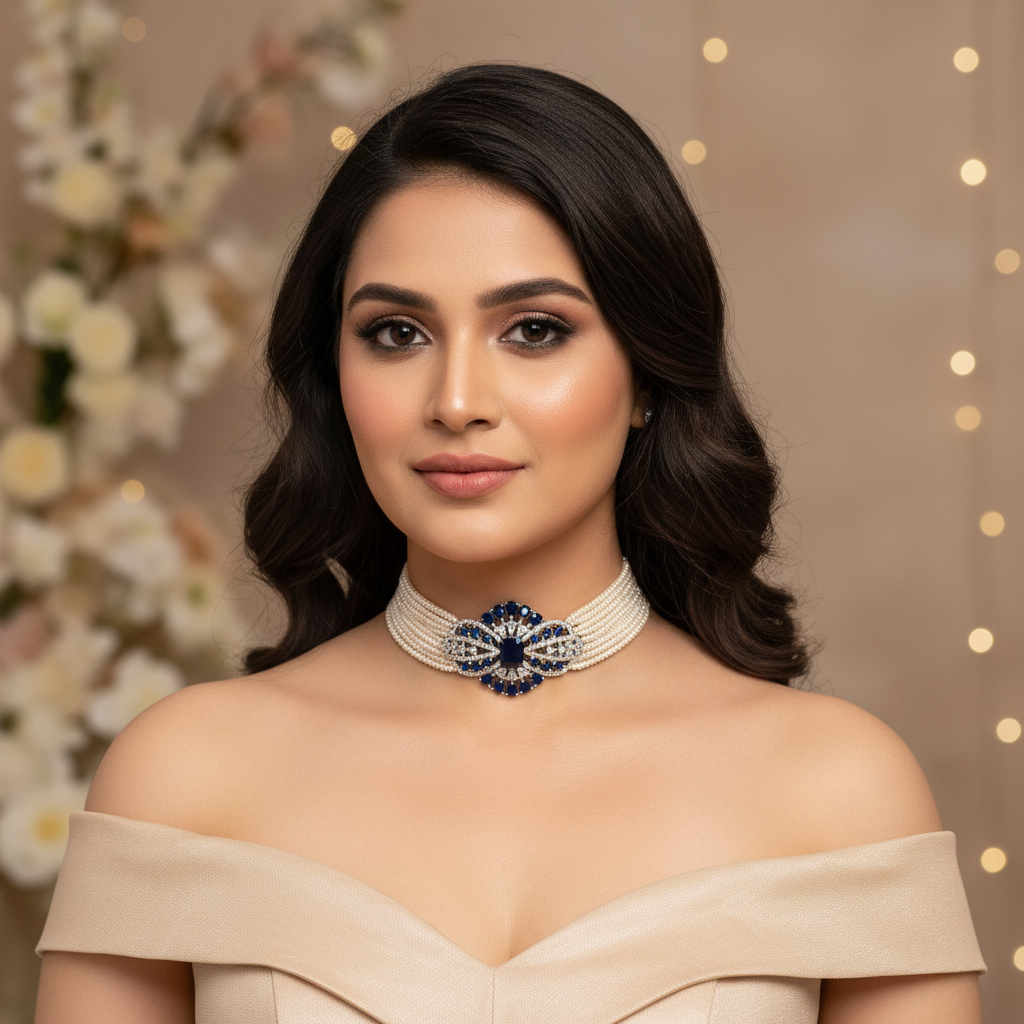Royal Sapphire Blue & Pearl Choker Necklace Set - Model Shot