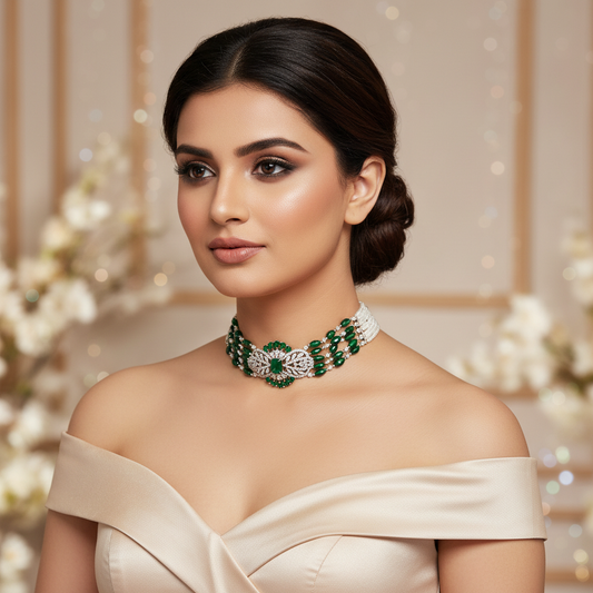 Regal Emerald Green & Pearl Choker Necklace Set - Model Shot