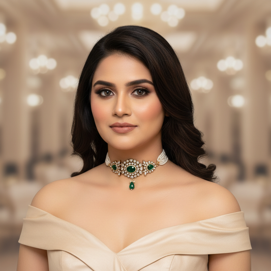 The Emerald Oval Polki Choker Set - Model Shot
