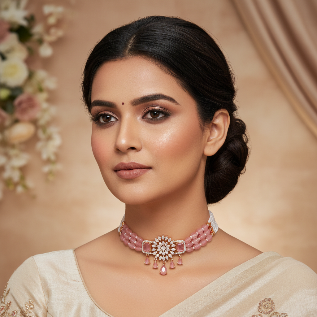 Elegant Pink Quartz Snowflake Choker Set - Model Shot