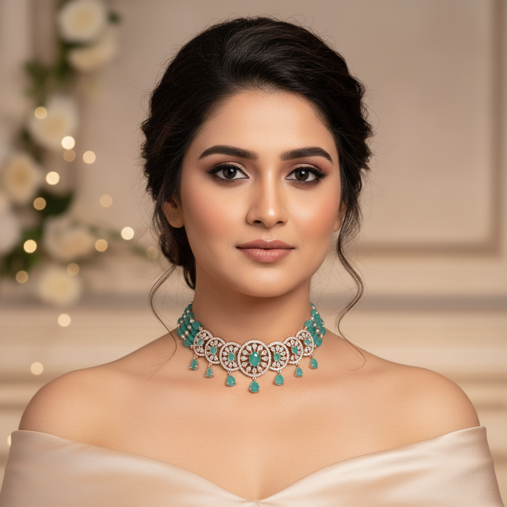 Mint/Teal Quartz & Pearl Circular Medallion Choker Set - Model Shot