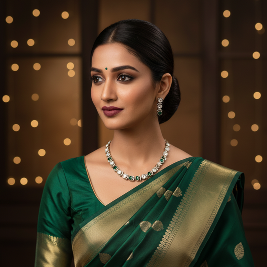 The Classic Green & Polki Style Necklace Set - Model Shot